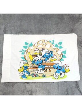 Vintage The Smurfs Pillowcase Standard Lawtex Double Sided 1980's No Iron Luxury